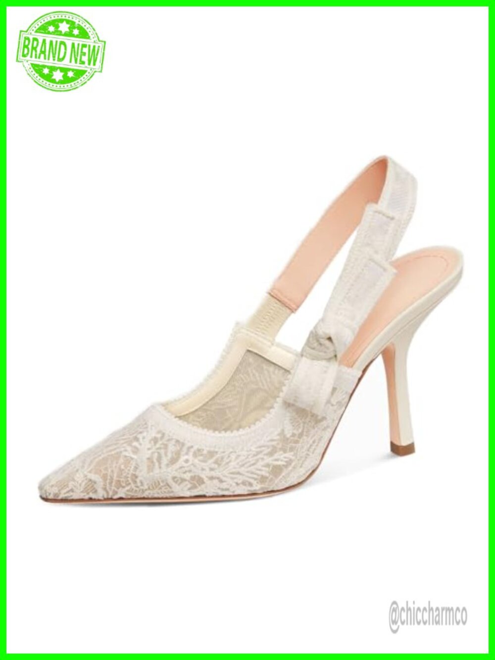 Pointed Toe Pearl Slingback Stiletto Heels Lace Bow Evening Pump